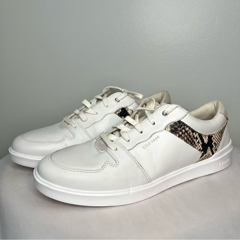 Cole Haan Grand Crosscourt Leather Sneakers White Snake Trim Womens NWOB